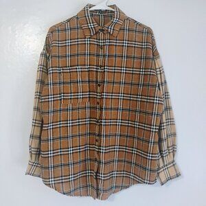 Fashion Nova Brown Plaid Button Down Shirt XS